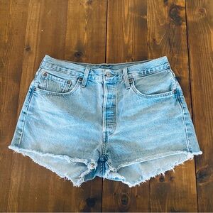Levi's 501 Blue Jean Denim Shorts with Distressed Cut-Off Hem